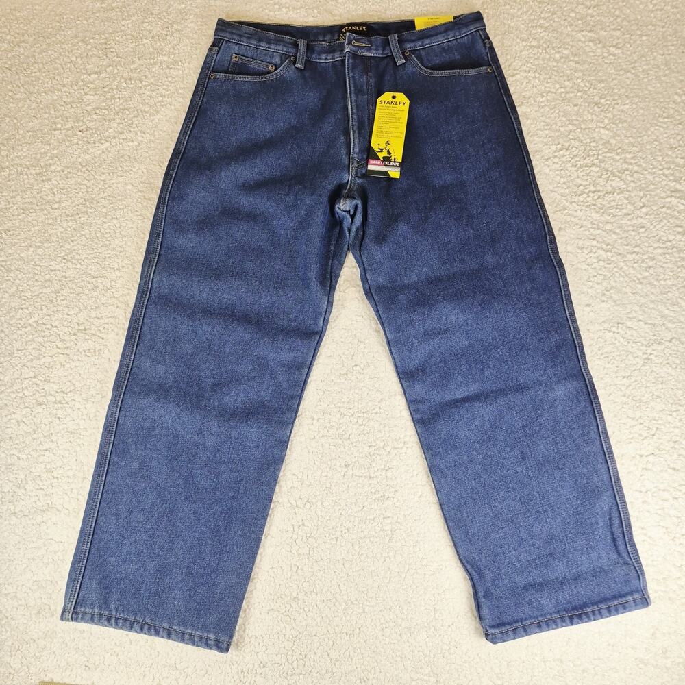 Stanley Denim Micro Fleece Lined Med Wash Blue Work Jeans Mens 38x30 NWT NWT